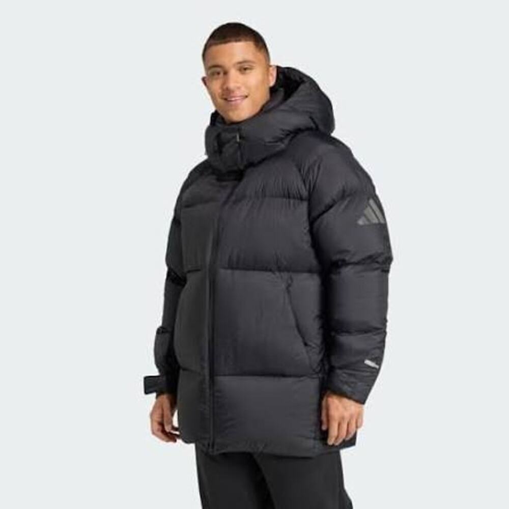Mens Sz Medium Adidas Down Parka Jacket Myshelter Climawarm Hooded Black JL6960